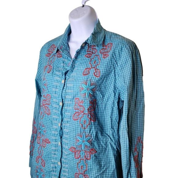 Johnny Was 3J Workshop Plaid Button Down Embroidered Shirt Womens Size S Blue - Picture 3 of 6